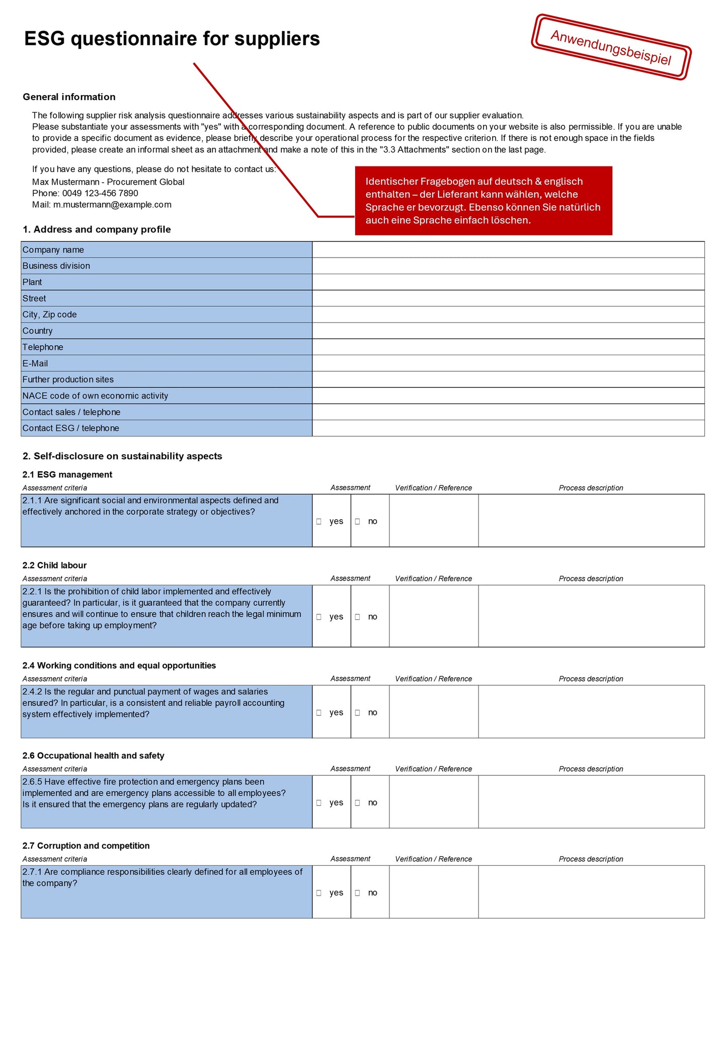 ESG Fragebogen Lieferanten - Vorlage & Tool